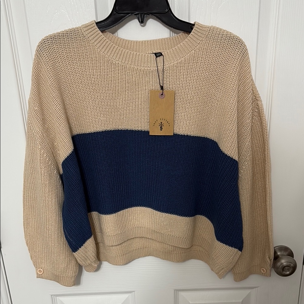 Knot Sisters Beige and Navy Women's Sweater
